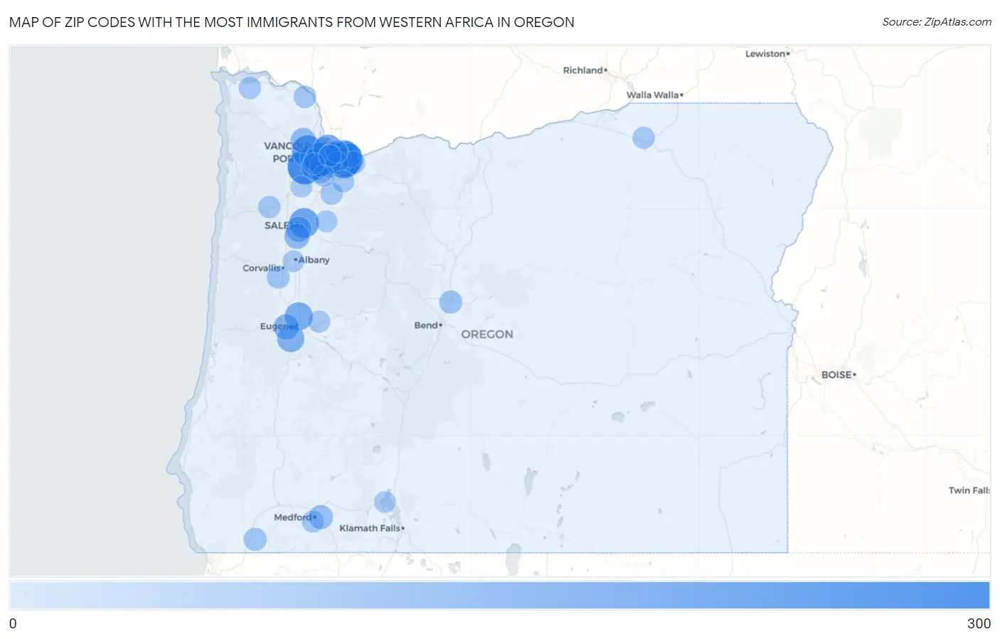 Zip Codes with the Most Immigrants from Western Africa in Oregon Map