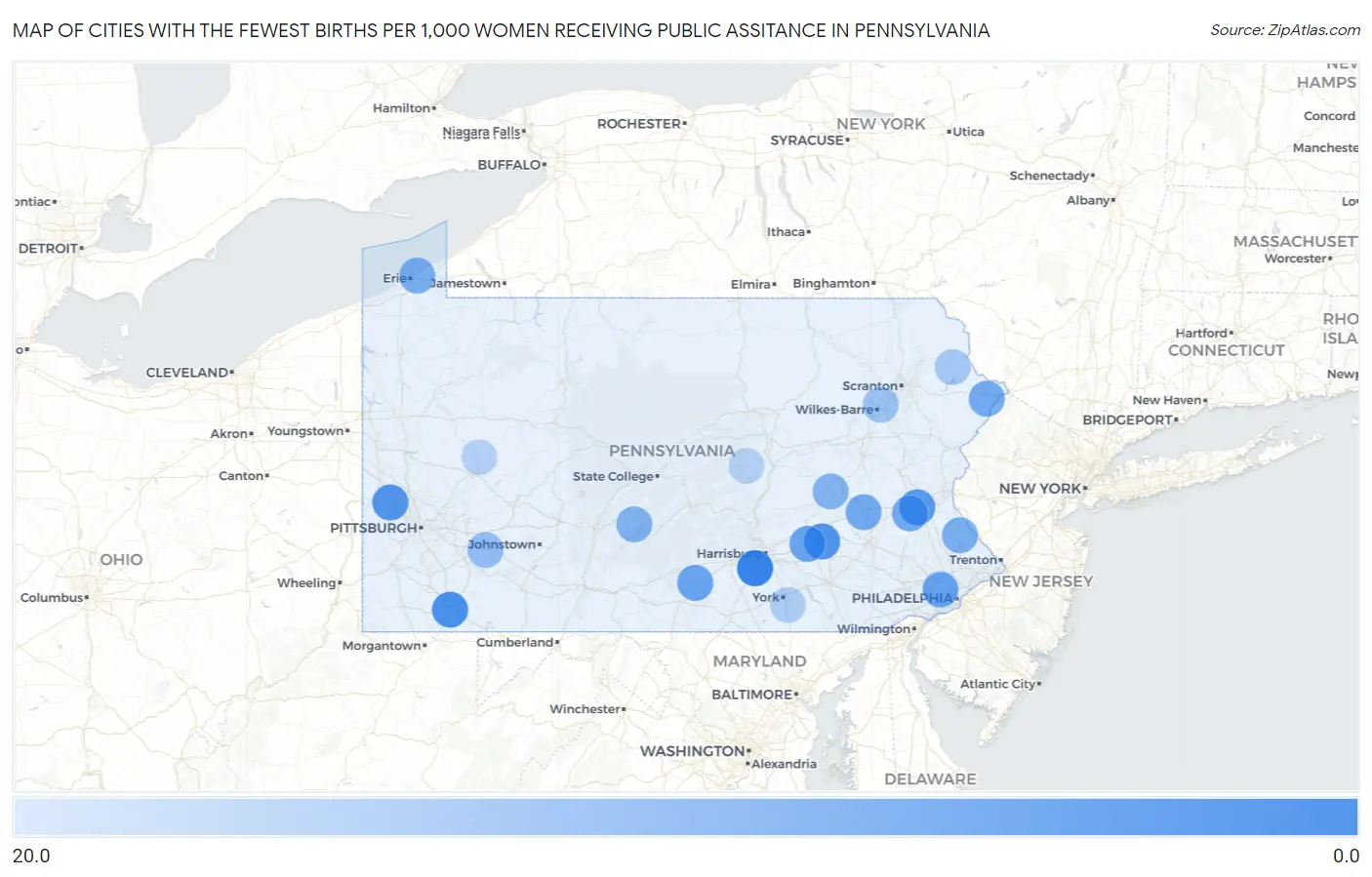 Cities with the Fewest Births per 1,000 Women Receiving Public Assitance in Pennsylvania Map