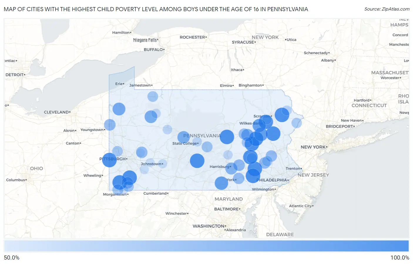 Cities with the Highest Child Poverty Level Among Boys Under the Age of 16 in Pennsylvania Map