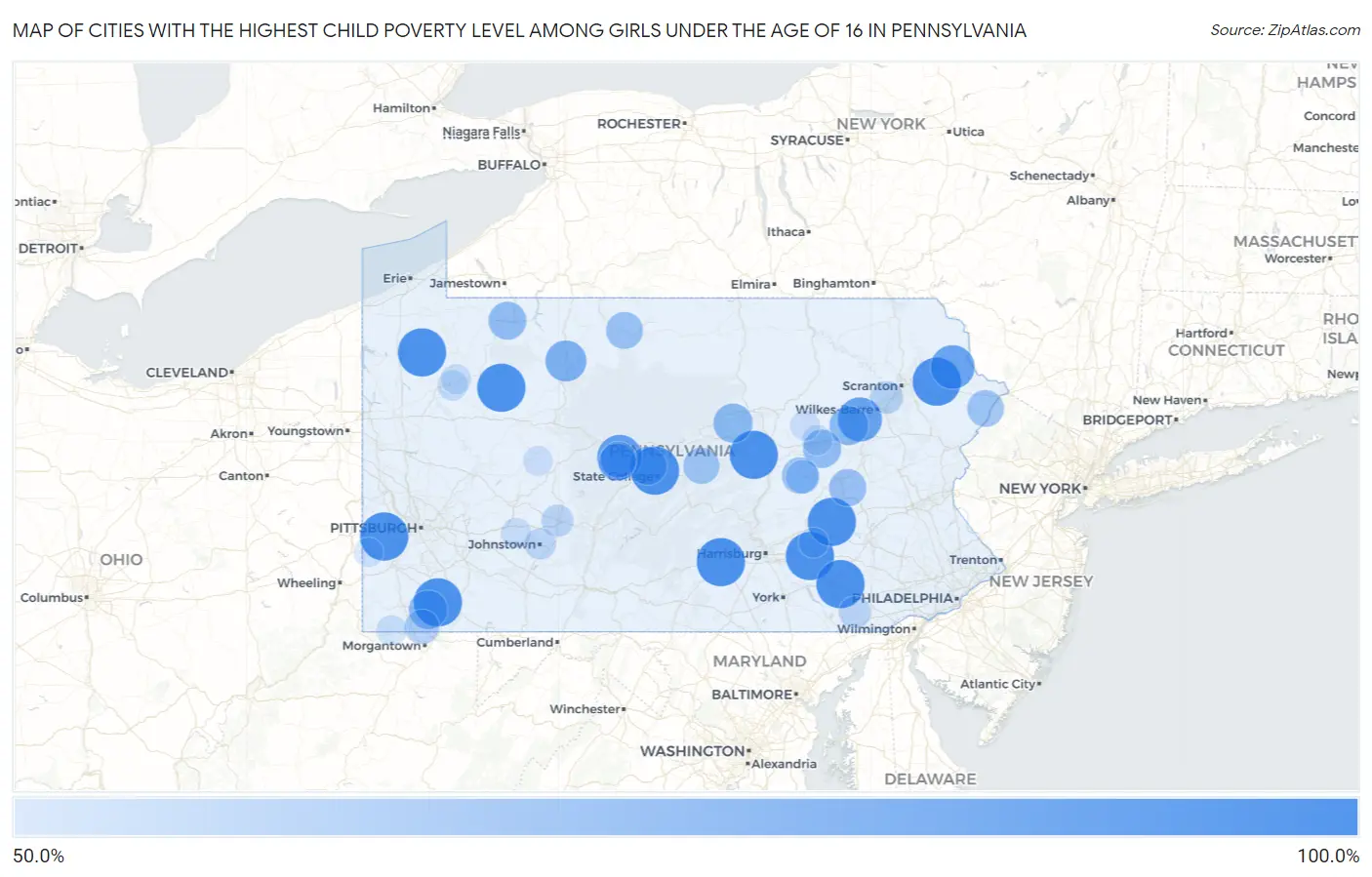 Cities with the Highest Child Poverty Level Among Girls Under the Age of 16 in Pennsylvania Map