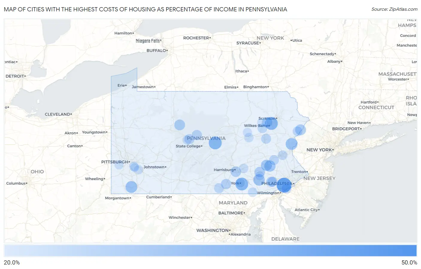 Cities with the Highest Costs of Housing as Percentage of Income in Pennsylvania Map