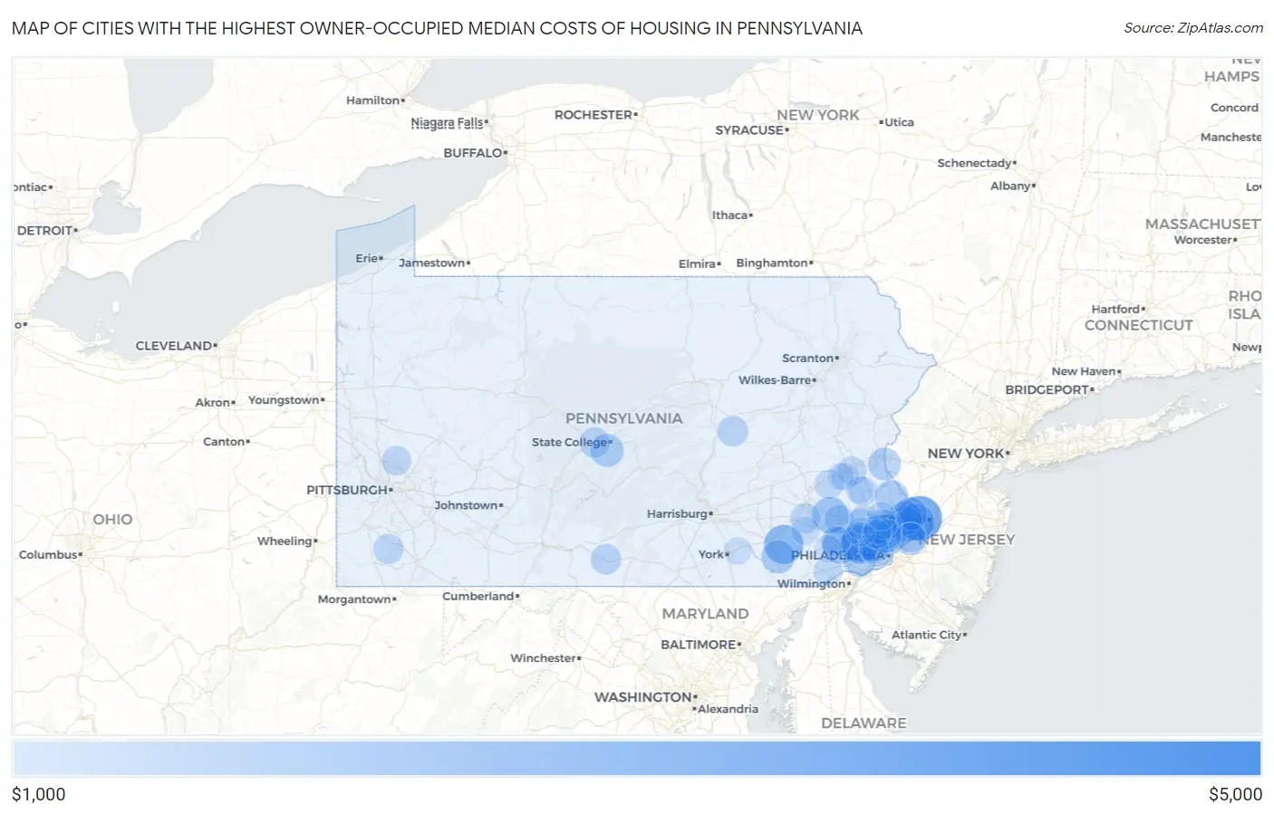 Cities with the Highest Owner-Occupied Median Costs of Housing in Pennsylvania Map