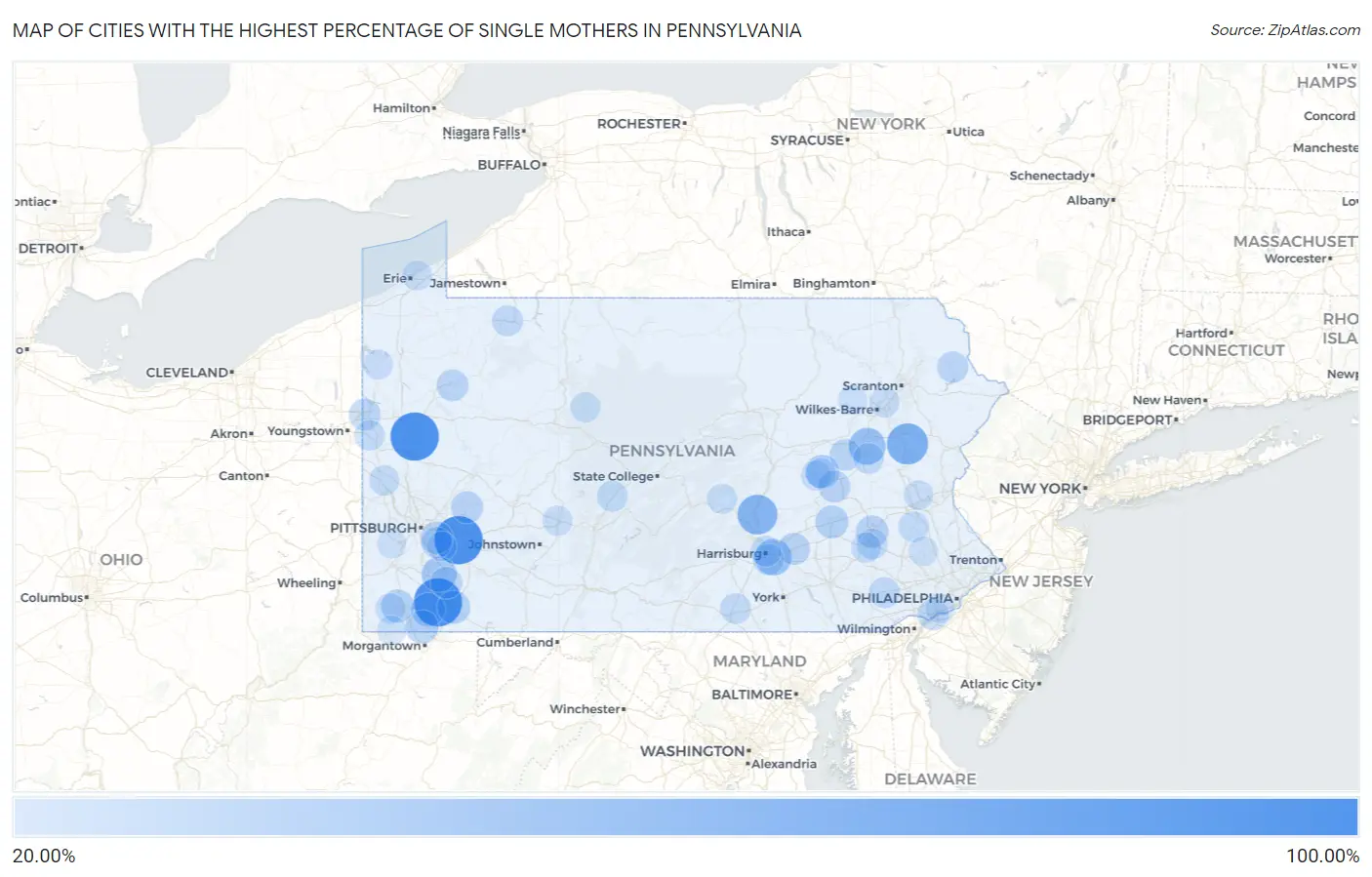 Cities with the Highest Percentage of Single Mothers in Pennsylvania Map