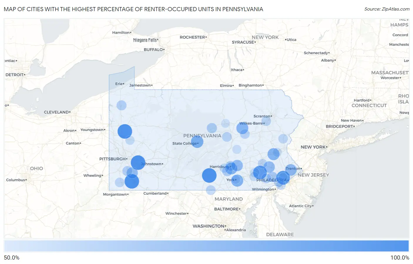 Cities with the Highest Percentage of Renter-Occupied Units in Pennsylvania Map