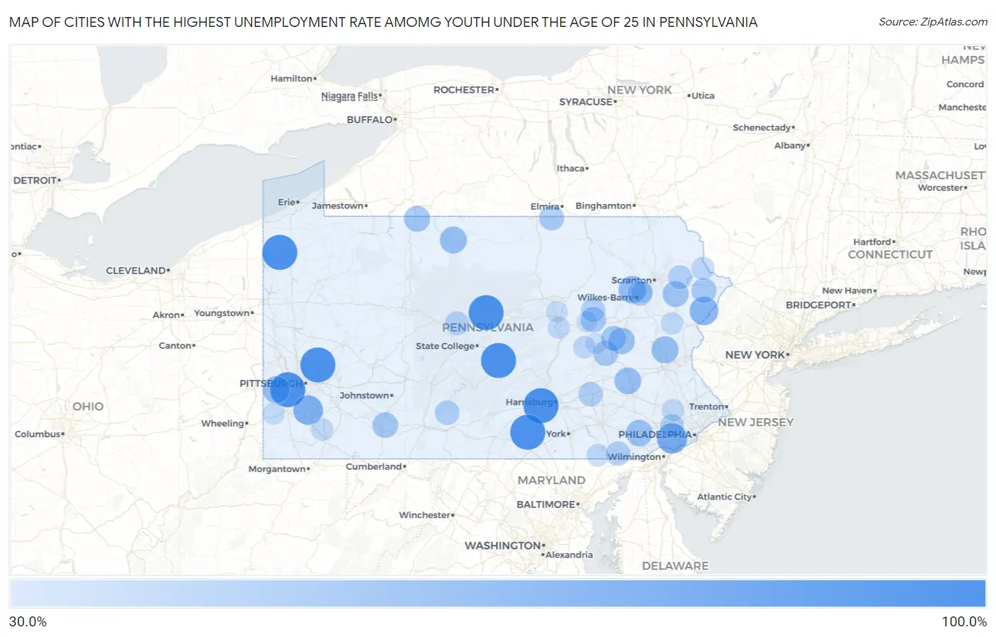 Cities with the Highest Unemployment Rate Amomg Youth Under the Age of 25 in Pennsylvania Map