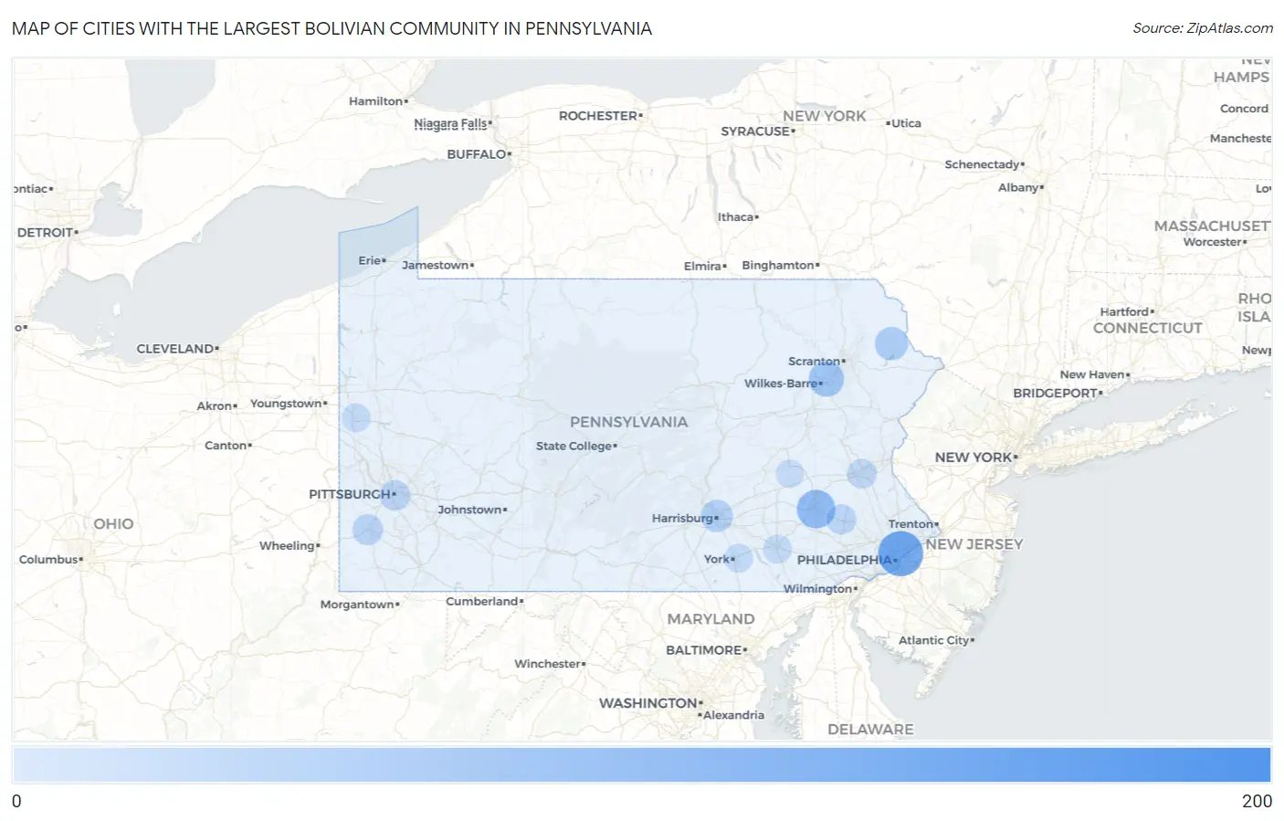Cities with the Largest Bolivian Community in Pennsylvania Map