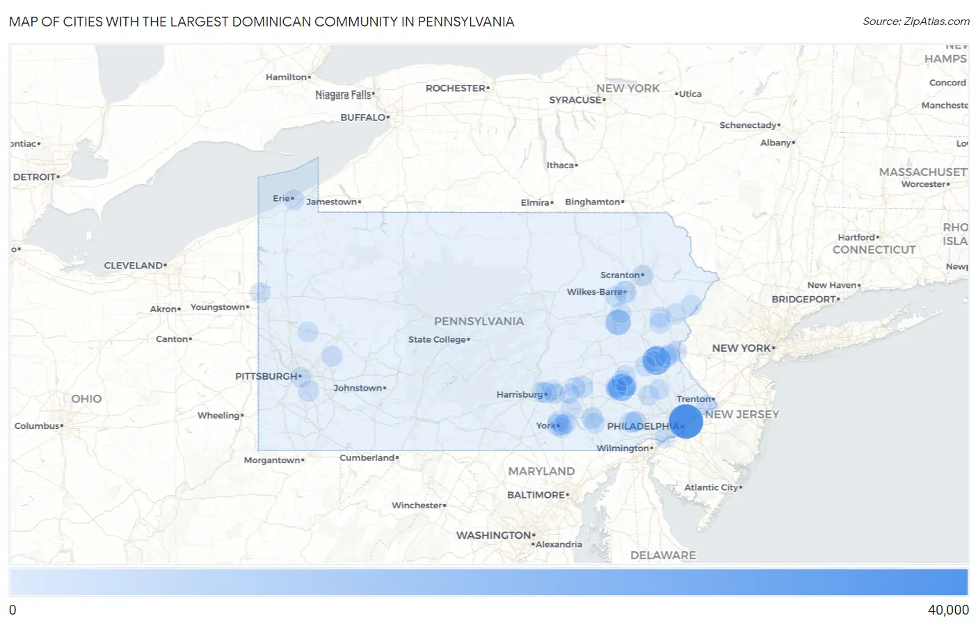 Cities with the Largest Dominican Community in Pennsylvania Map