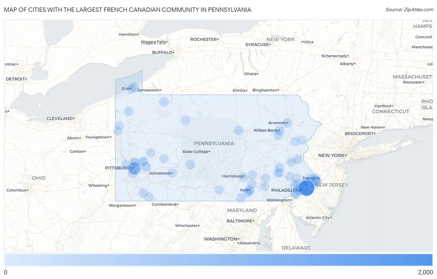 Cities with the Largest French Canadian Community in Pennsylvania Map