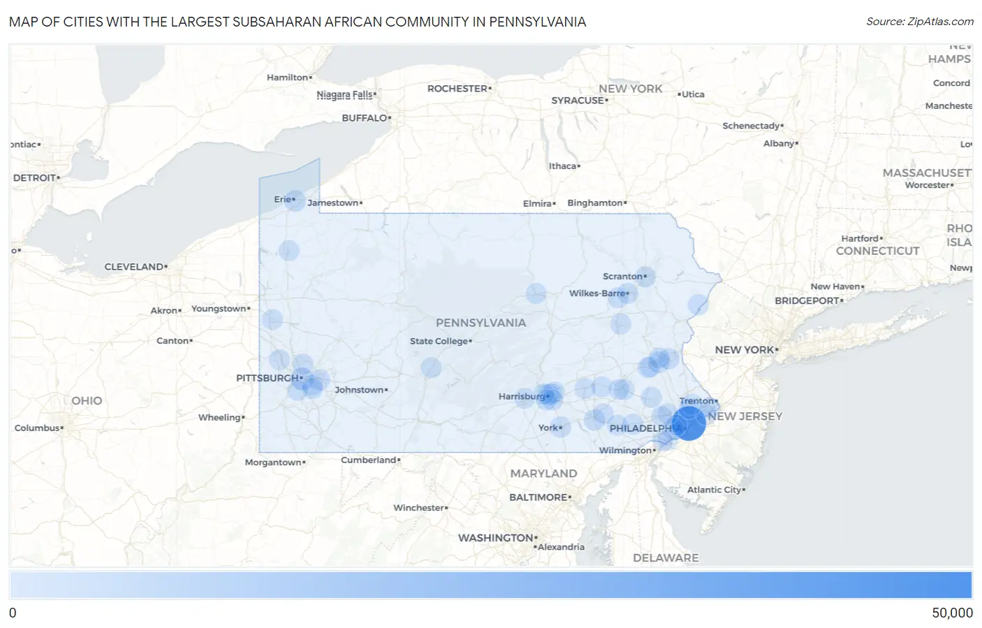 Cities with the Largest Subsaharan African Community in Pennsylvania Map