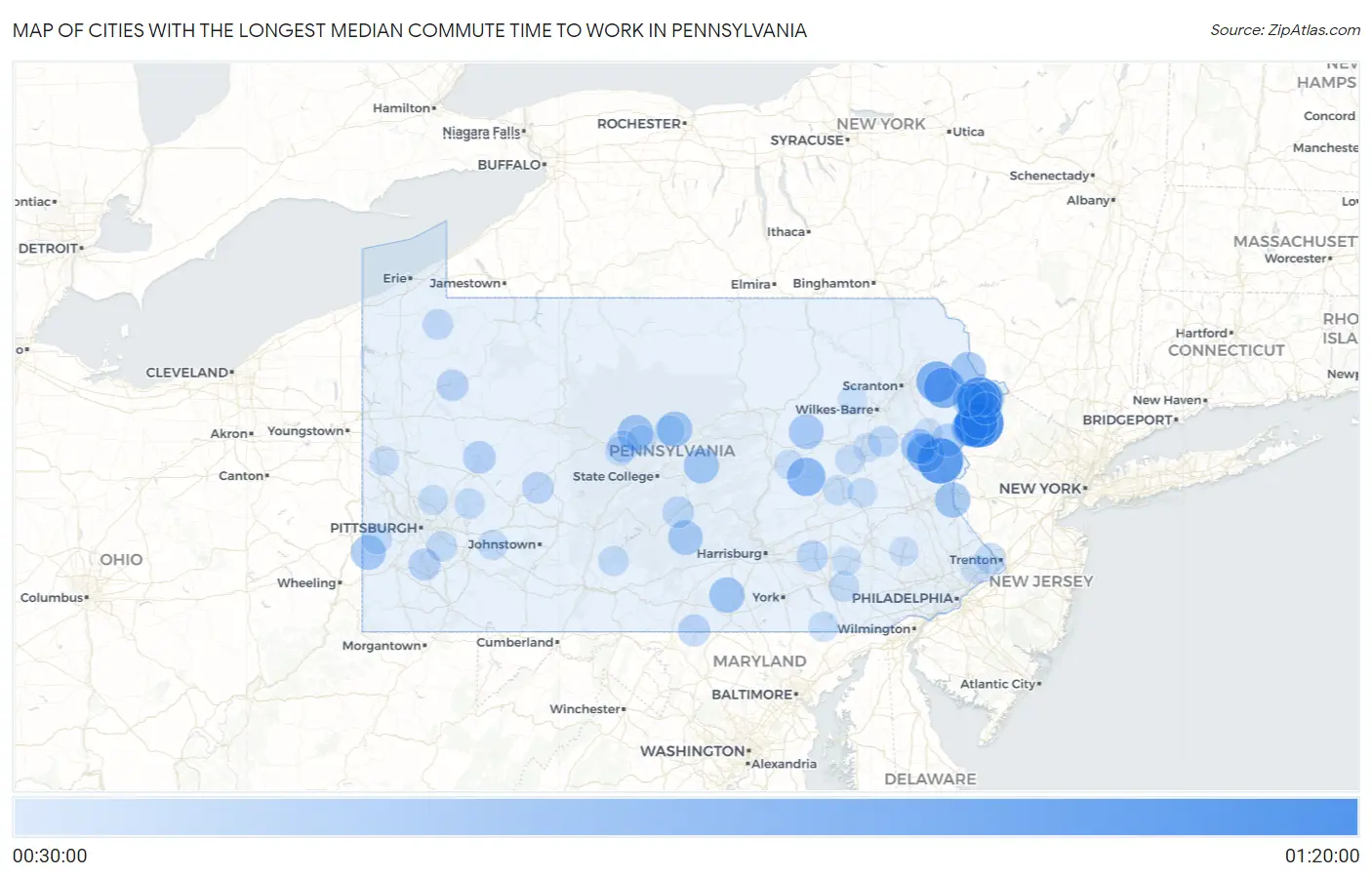 Cities with the Longest Median Commute Time to Work in Pennsylvania Map