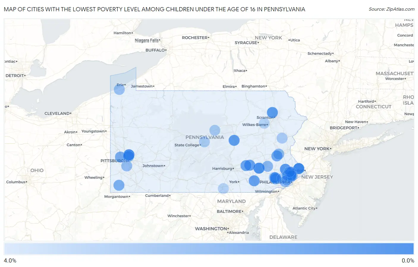 Cities with the Lowest Poverty Level Among Children Under the Age of 16 in Pennsylvania Map