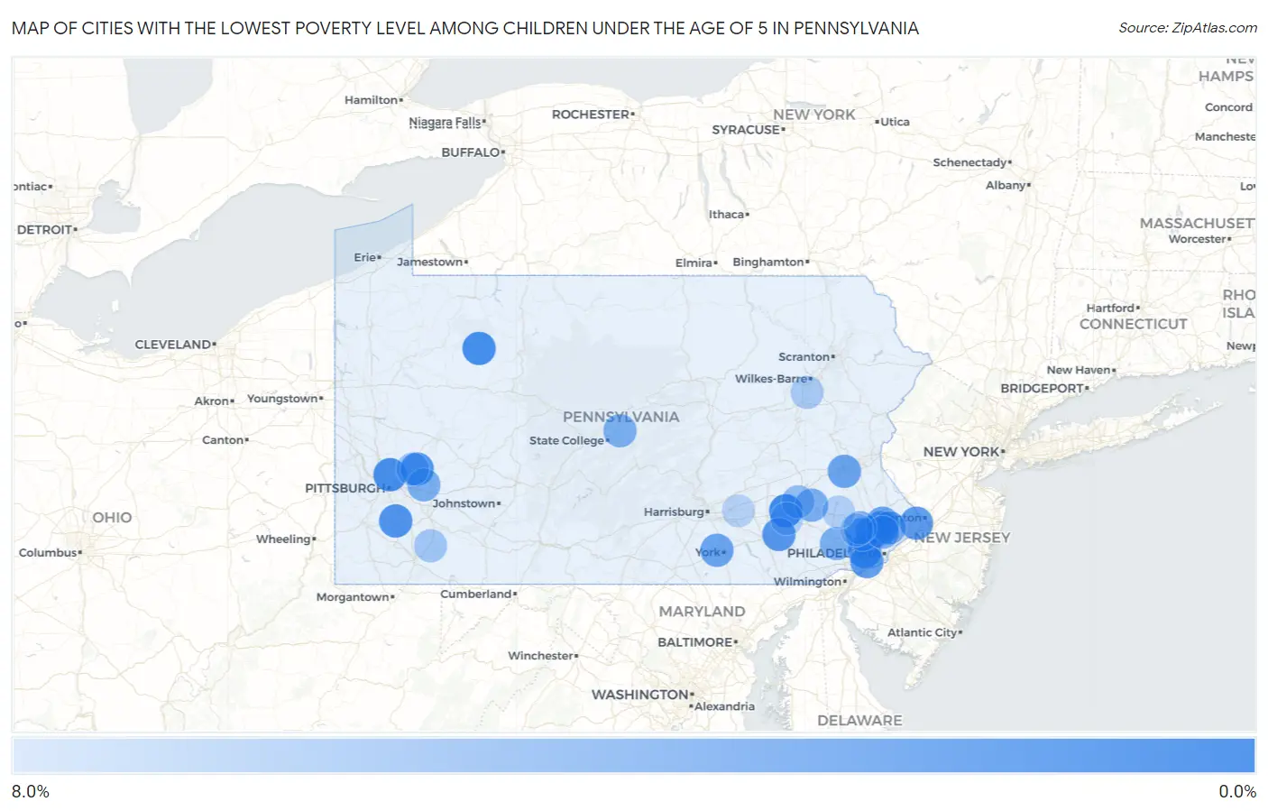 Cities with the Lowest Poverty Level Among Children Under the Age of 5 in Pennsylvania Map