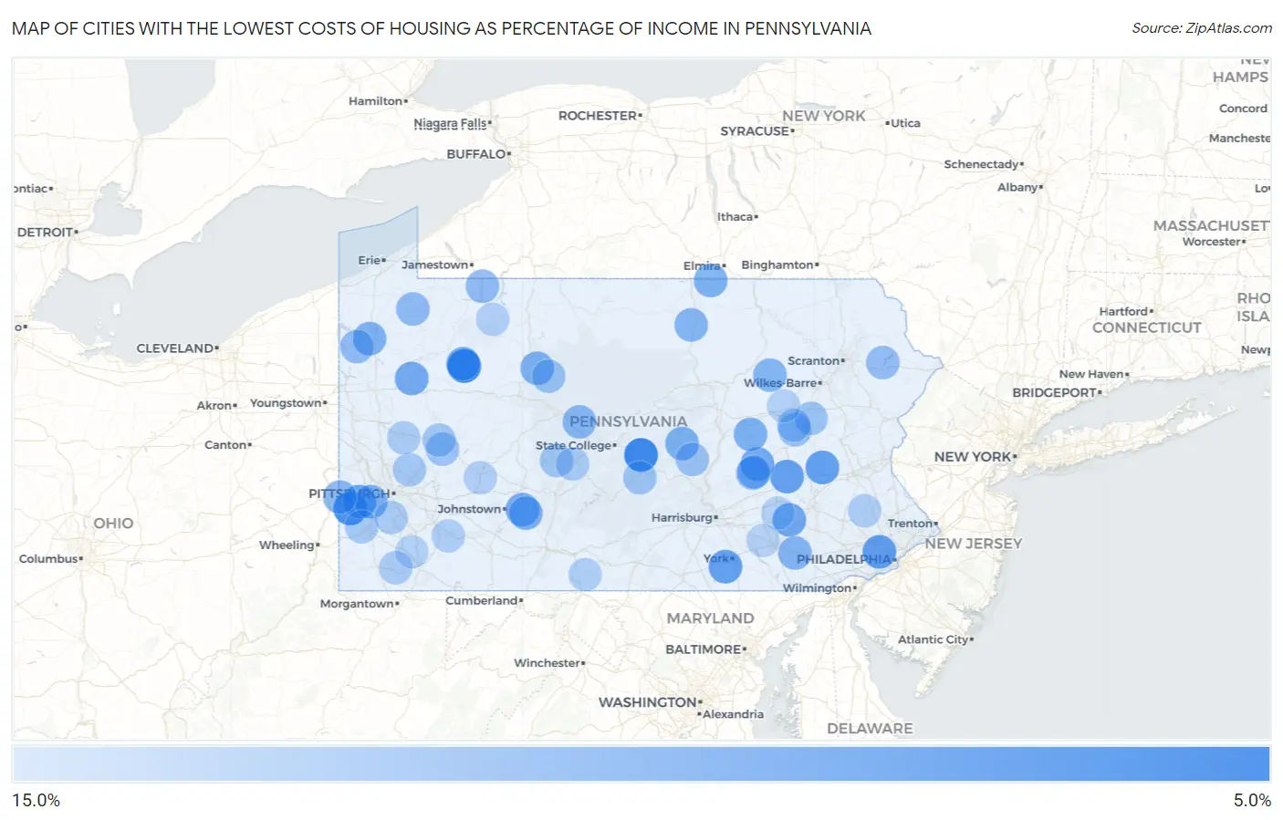 Cities with the Lowest Costs of Housing as Percentage of Income in Pennsylvania Map