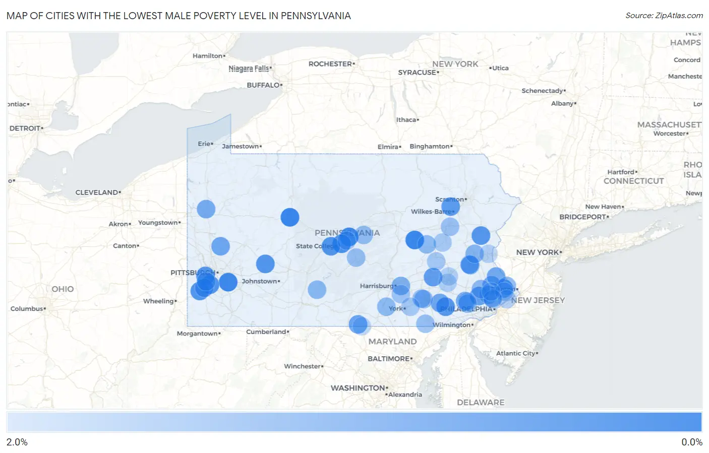 Cities with the Lowest Male Poverty Level in Pennsylvania Map