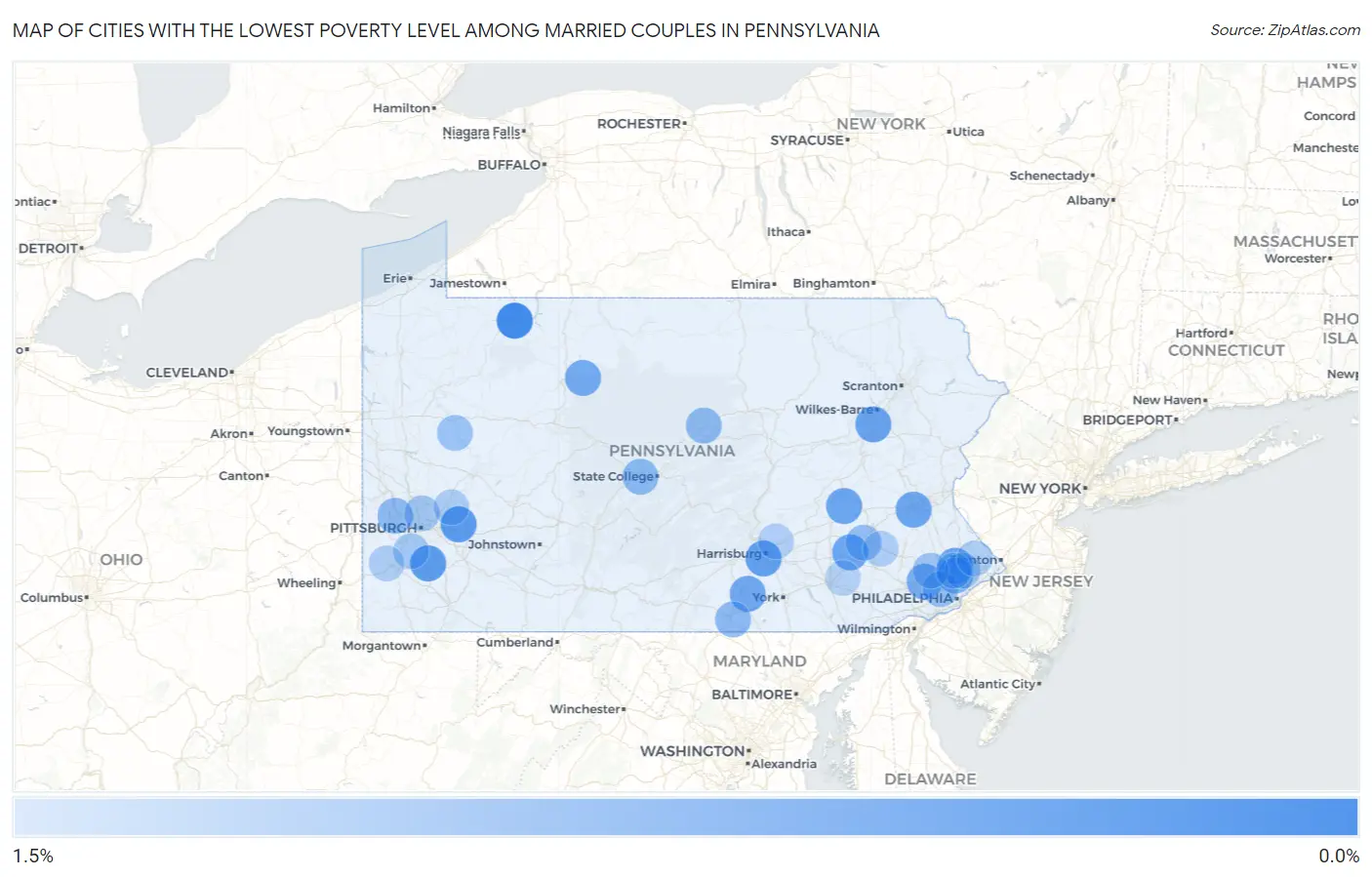 Cities with the Lowest Poverty Level Among Married Couples in Pennsylvania Map