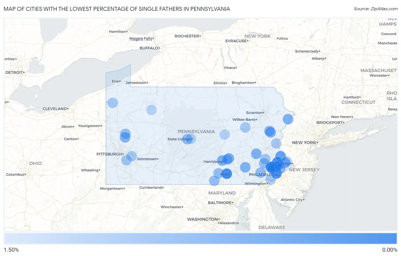 Cities with the Lowest Percentage of Single Fathers in Pennsylvania Map