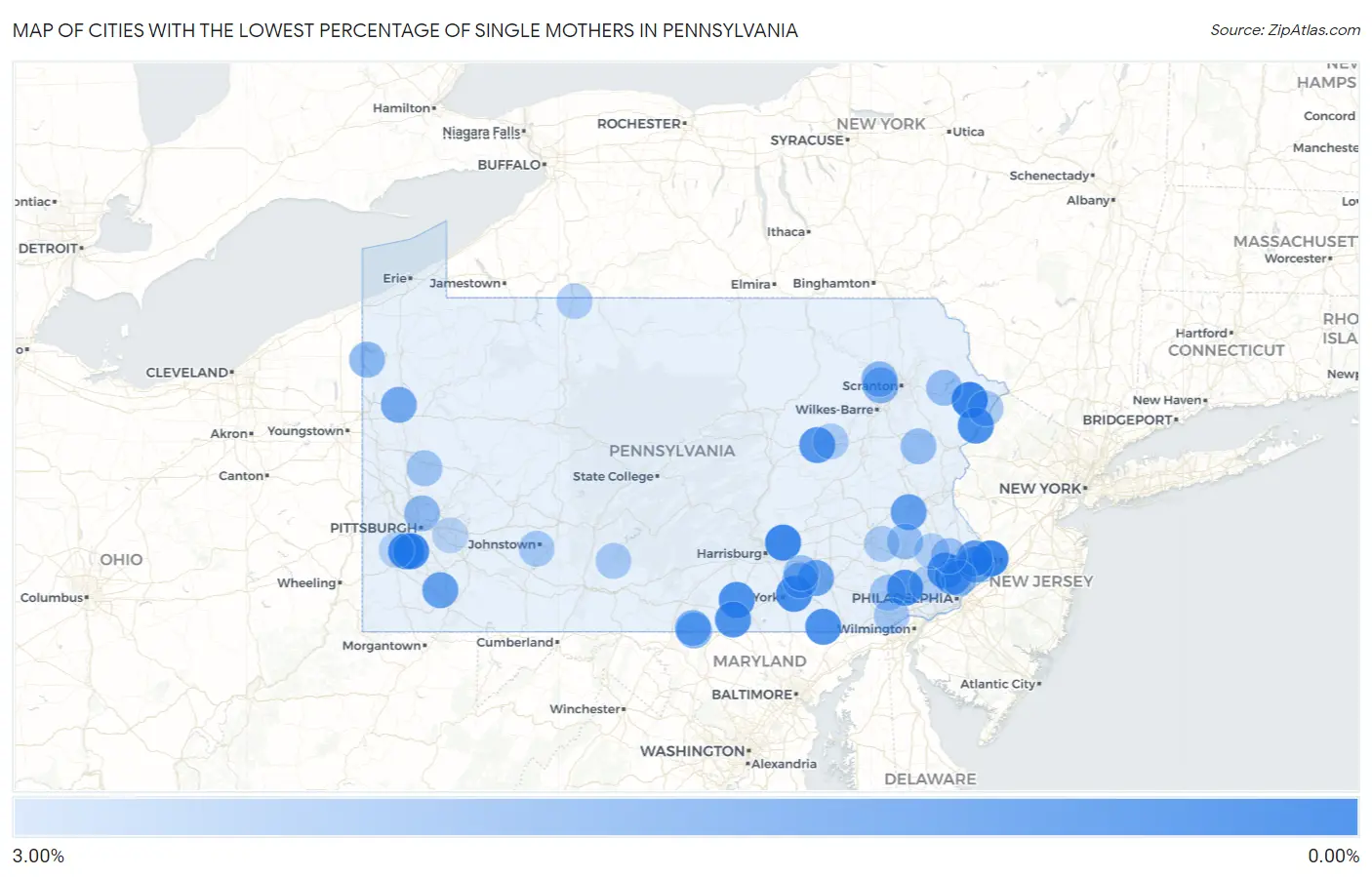 Cities with the Lowest Percentage of Single Mothers in Pennsylvania Map