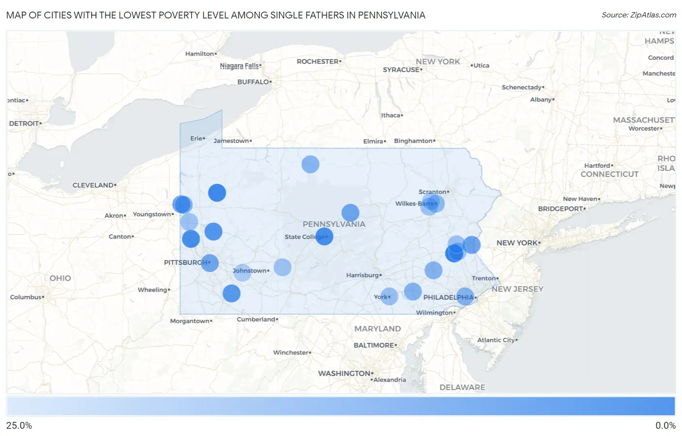 Cities with the Lowest Poverty Level Among Single Fathers in Pennsylvania Map