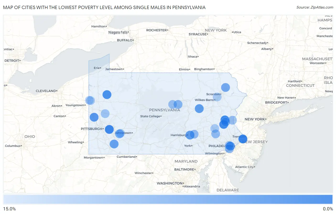 Cities with the Lowest Poverty Level Among Single Males in Pennsylvania Map