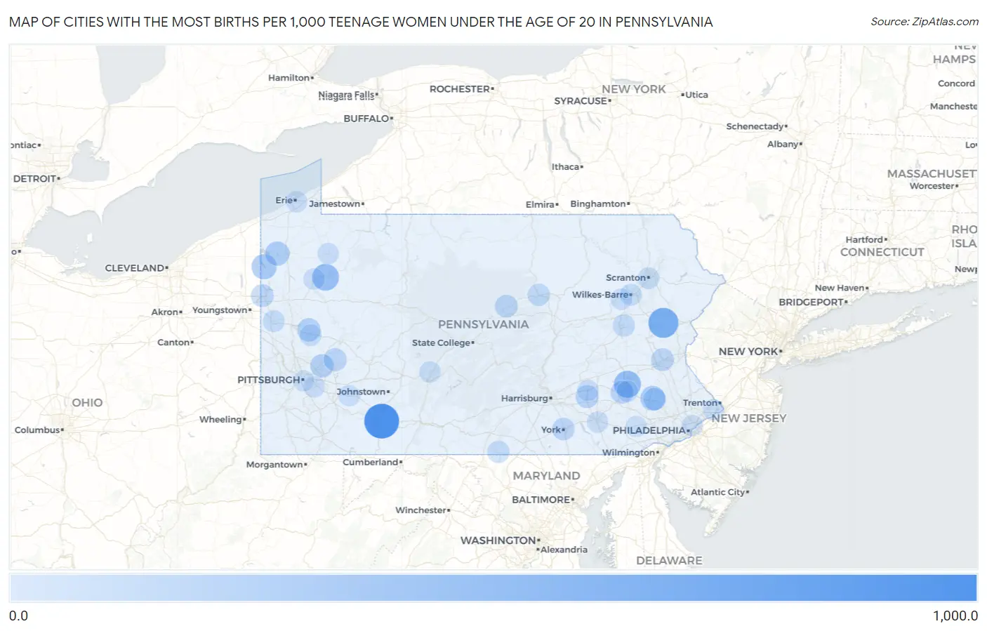 Cities with the Most Births per 1,000 Teenage Women Under the Age of 20 in Pennsylvania Map