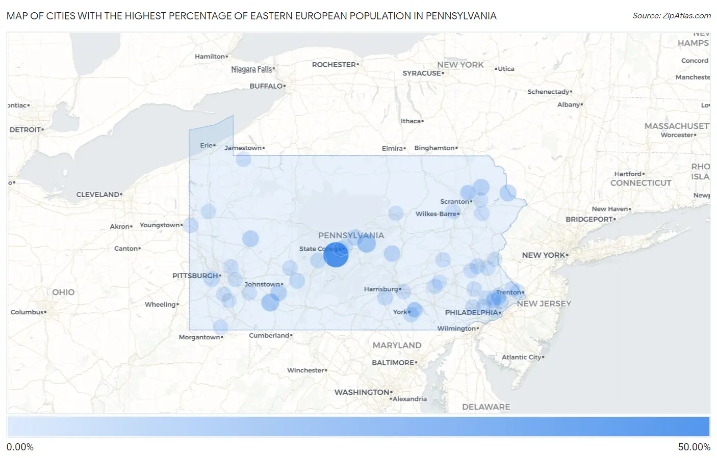 Cities with the Highest Percentage of Eastern European Population in Pennsylvania Map