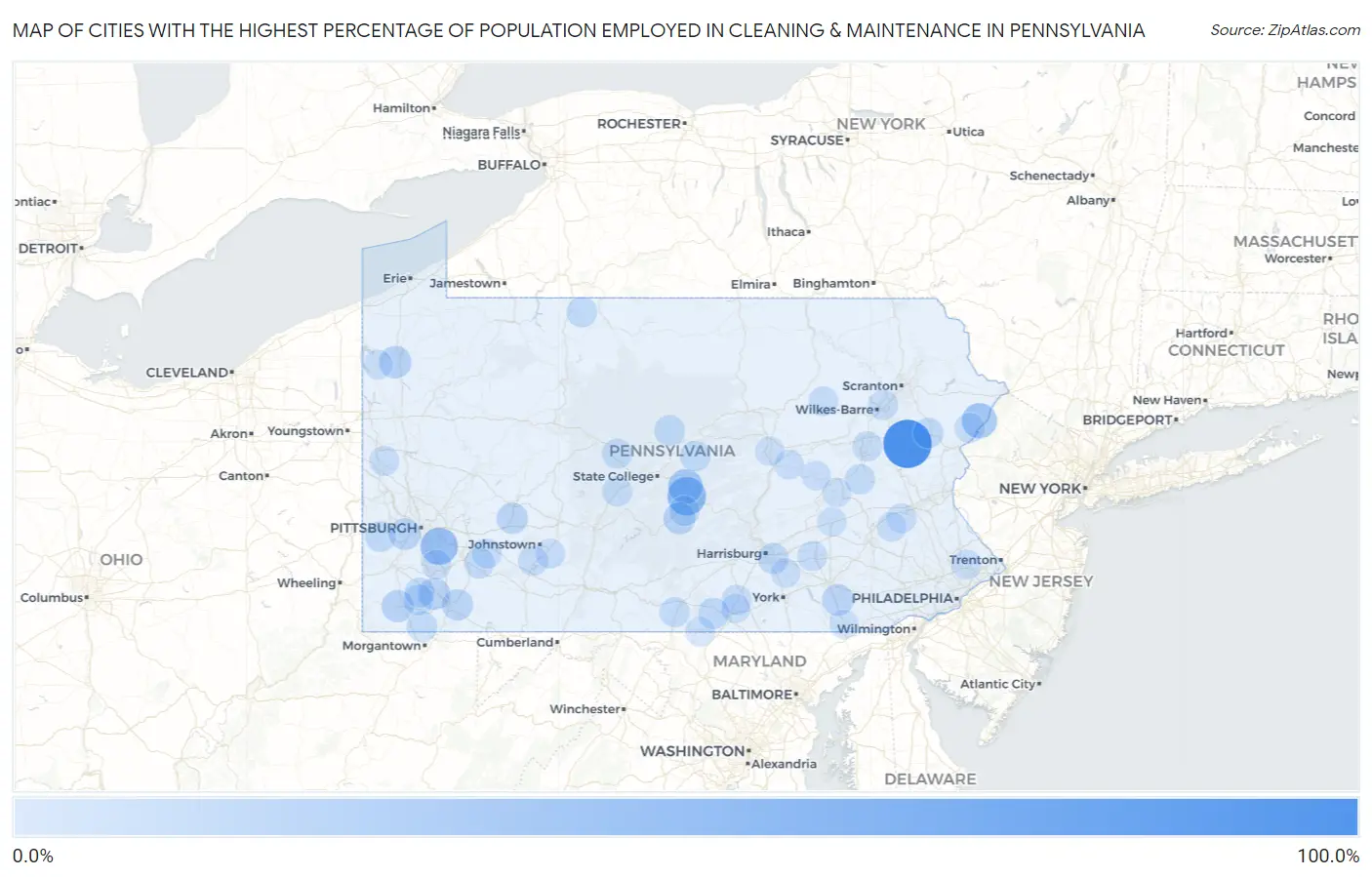 Cities with the Highest Percentage of Population Employed in Cleaning & Maintenance in Pennsylvania Map