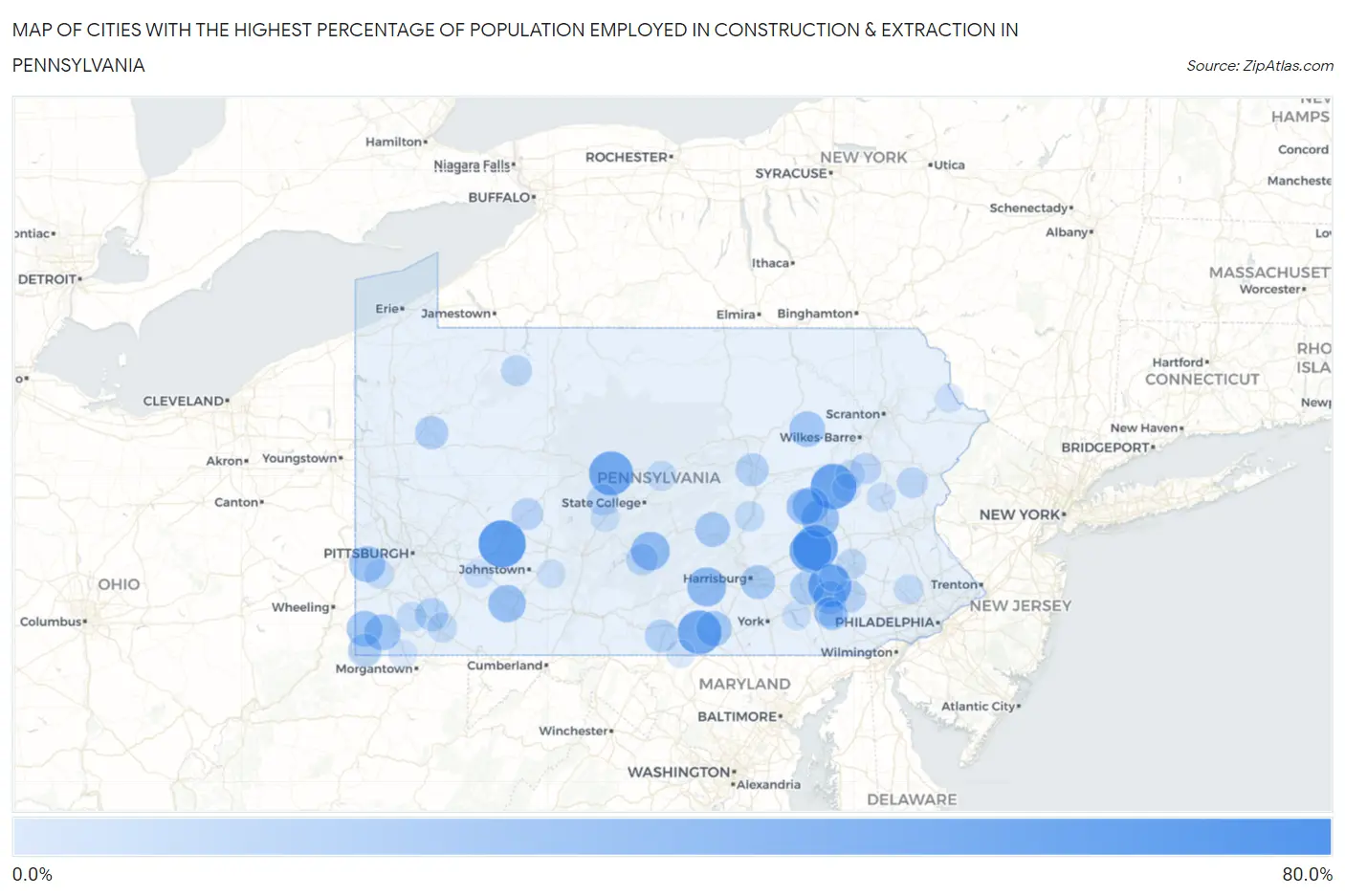 Cities with the Highest Percentage of Population Employed in Construction & Extraction in Pennsylvania Map