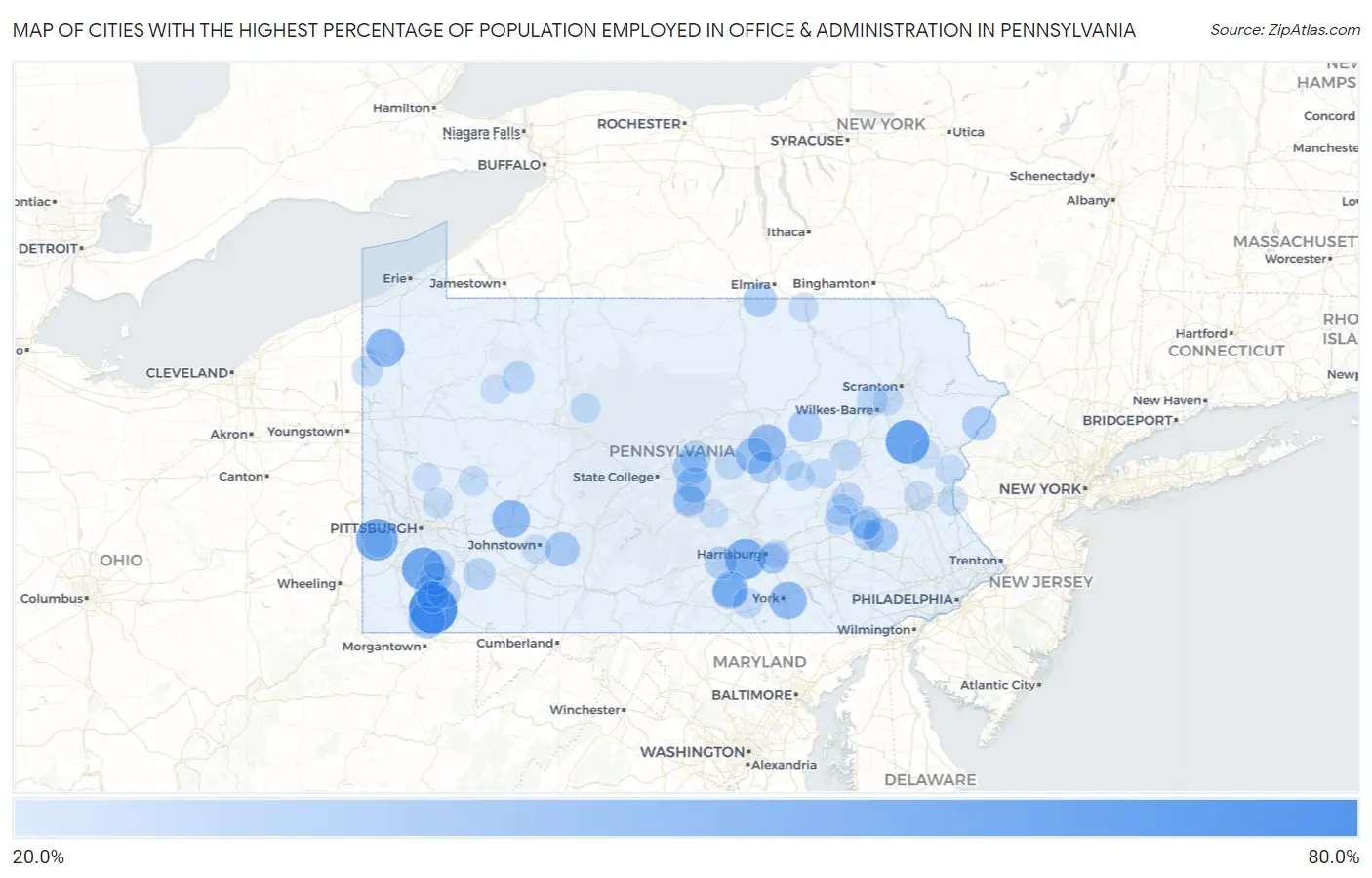 Cities with the Highest Percentage of Population Employed in Office & Administration in Pennsylvania Map