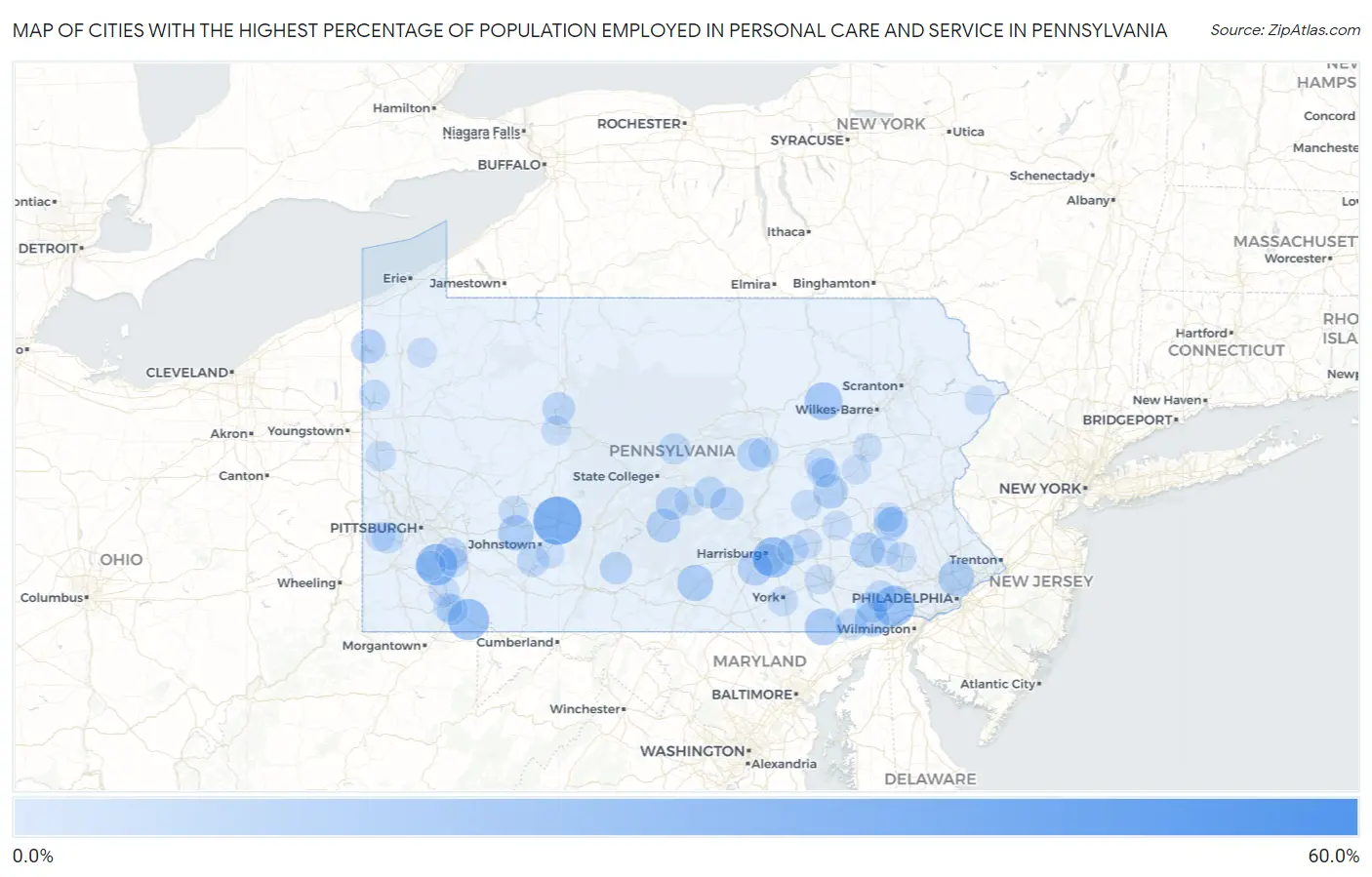 Cities with the Highest Percentage of Population Employed in Personal Care and Service in Pennsylvania Map