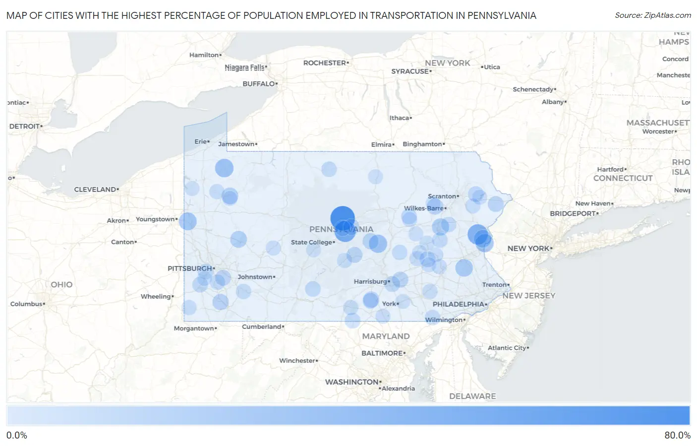 Cities with the Highest Percentage of Population Employed in Transportation in Pennsylvania Map