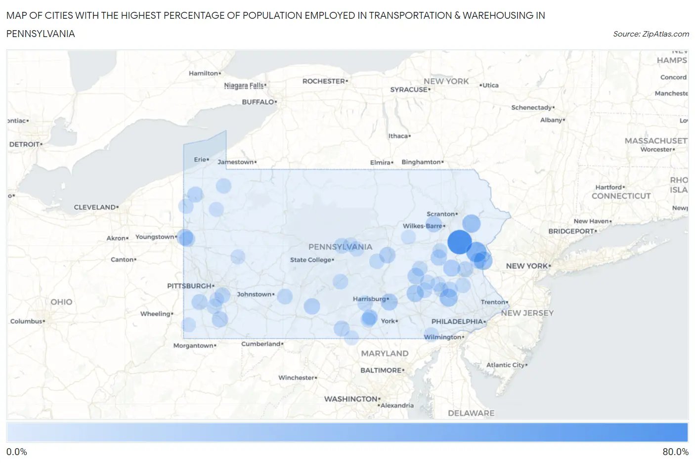 Cities with the Highest Percentage of Population Employed in Transportation & Warehousing in Pennsylvania Map