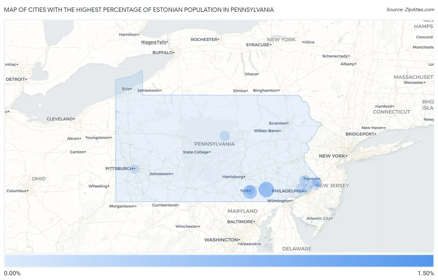 Cities with the Highest Percentage of Estonian Population in Pennsylvania Map
