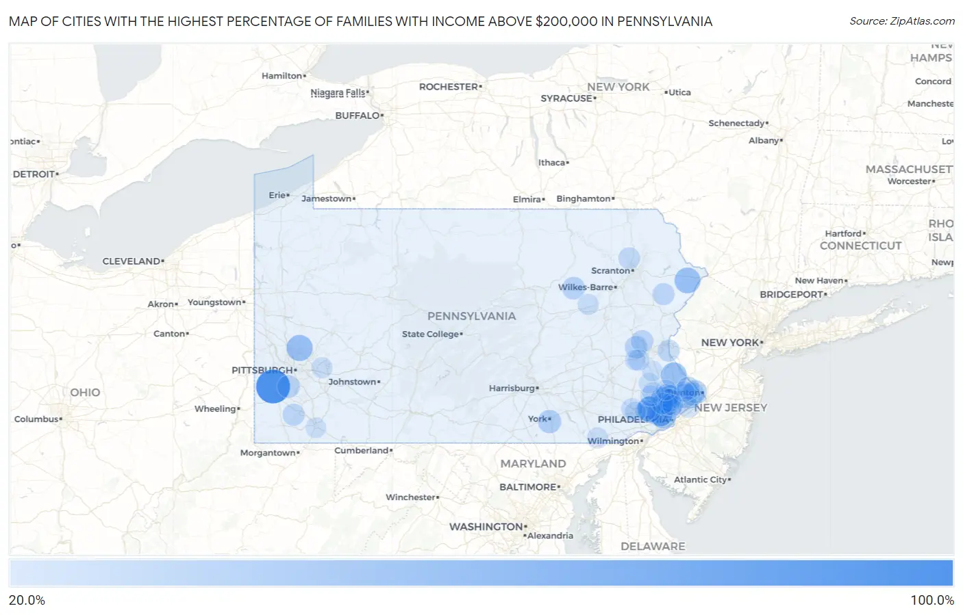 Cities with the Highest Percentage of Families with Income Above $200,000 in Pennsylvania Map