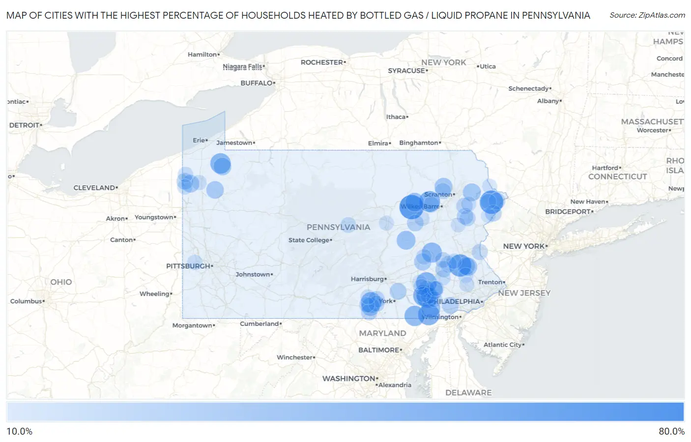 Cities with the Highest Percentage of Households Heated by Bottled Gas / Liquid Propane in Pennsylvania Map