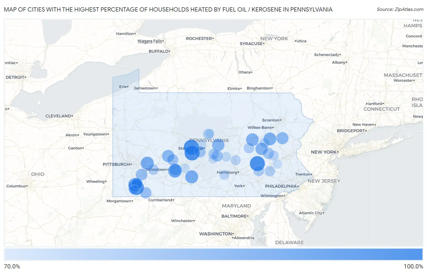 Cities with the Highest Percentage of Households Heated by Fuel Oil / Kerosene in Pennsylvania Map