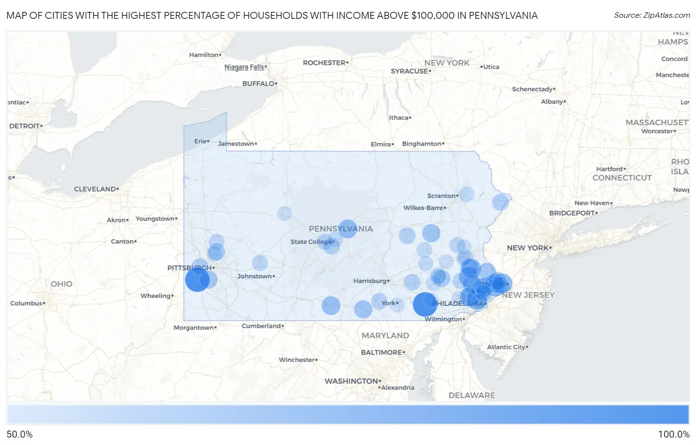 Cities with the Highest Percentage of Households with Income Above $100,000 in Pennsylvania Map