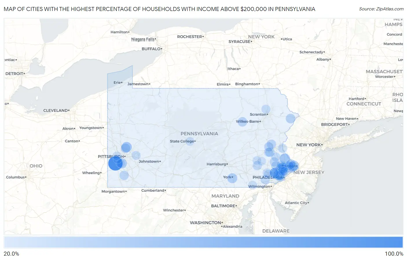 Cities with the Highest Percentage of Households with Income Above $200,000 in Pennsylvania Map