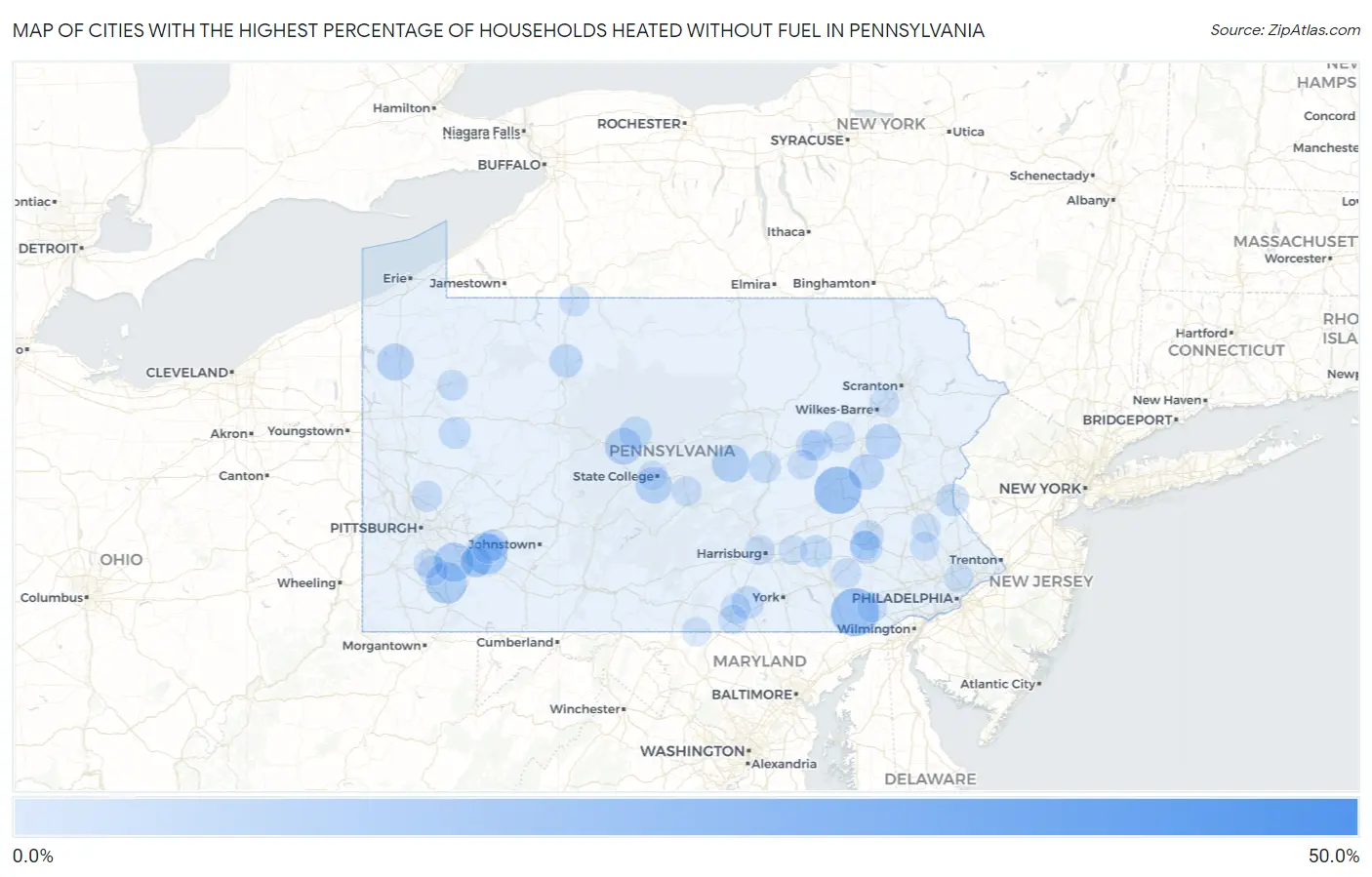 Cities with the Highest Percentage of Households Heated without Fuel in Pennsylvania Map
