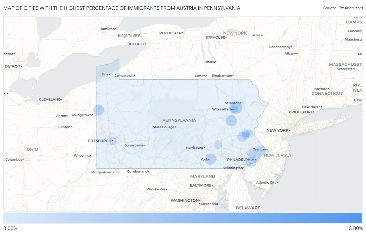 Cities with the Highest Percentage of Immigrants from Austria in Pennsylvania Map