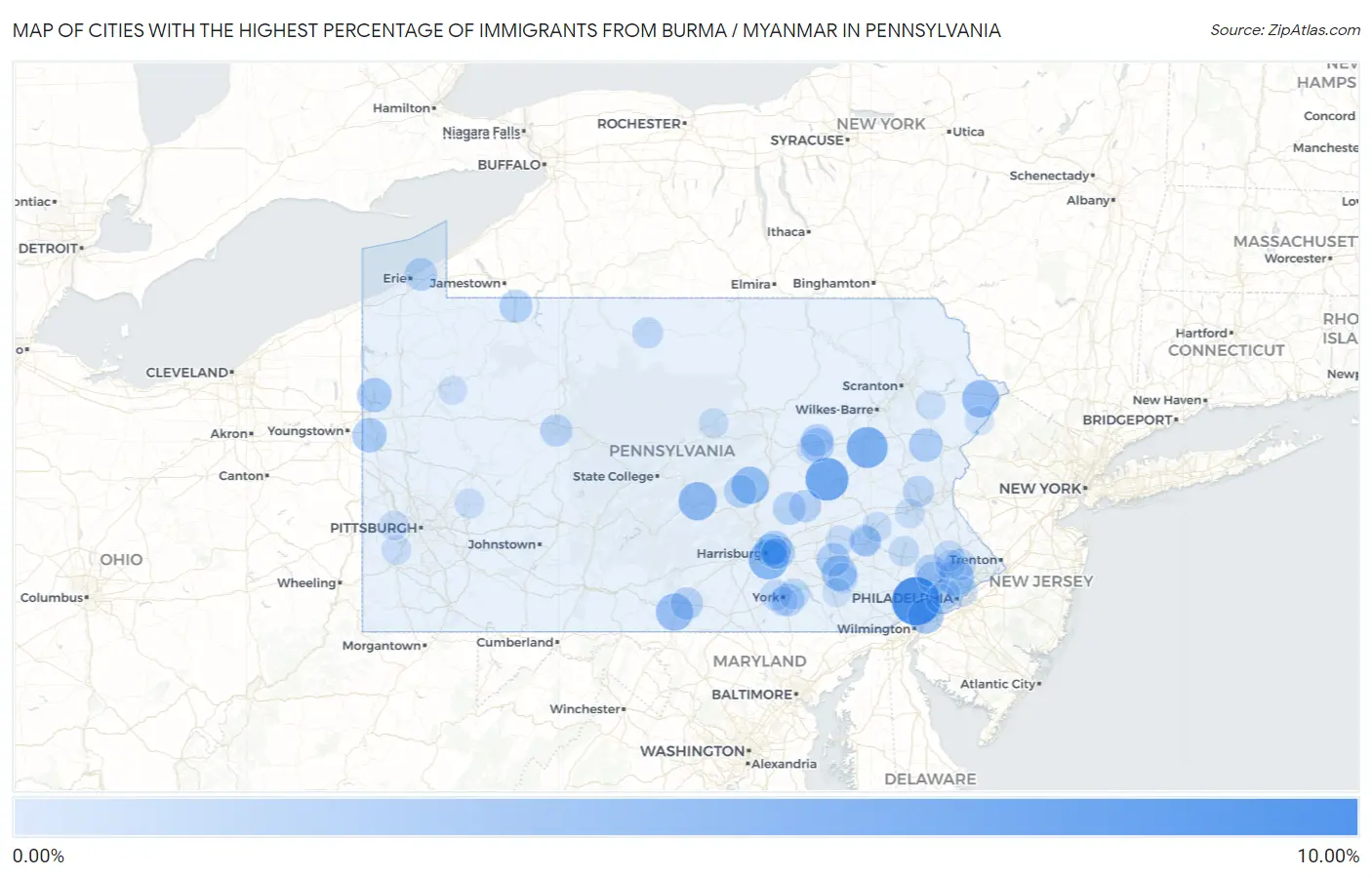 Cities with the Highest Percentage of Immigrants from Burma / Myanmar in Pennsylvania Map