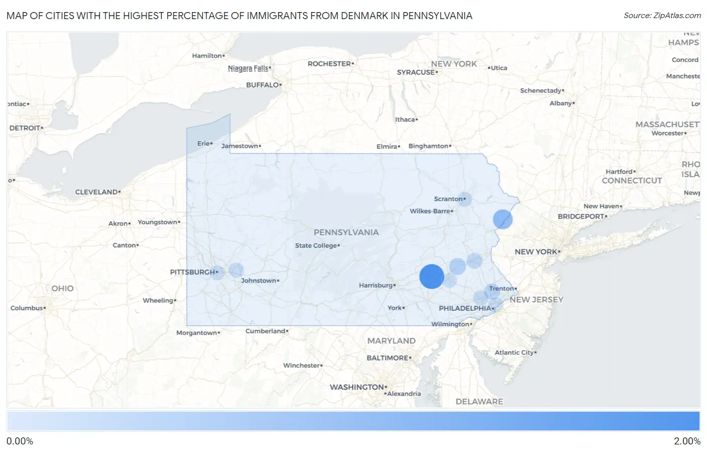 Cities with the Highest Percentage of Immigrants from Denmark in Pennsylvania Map