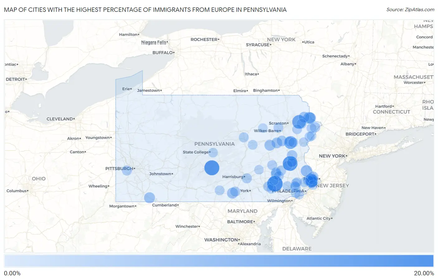 Cities with the Highest Percentage of Immigrants from Europe in Pennsylvania Map