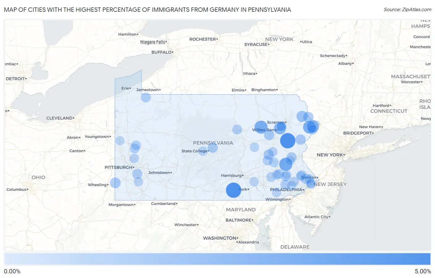 Cities with the Highest Percentage of Immigrants from Germany in Pennsylvania Map