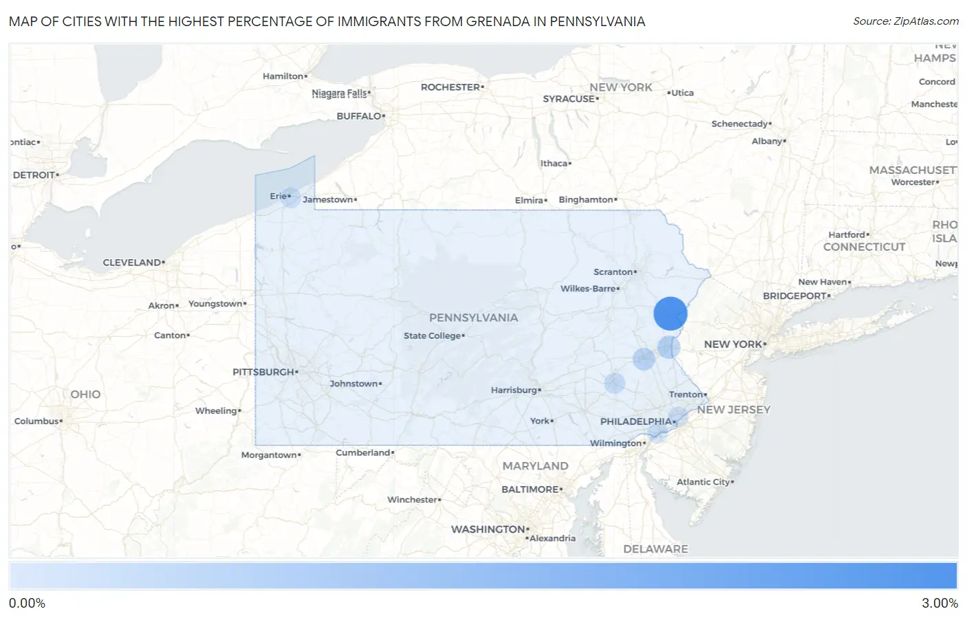 Cities with the Highest Percentage of Immigrants from Grenada in Pennsylvania Map