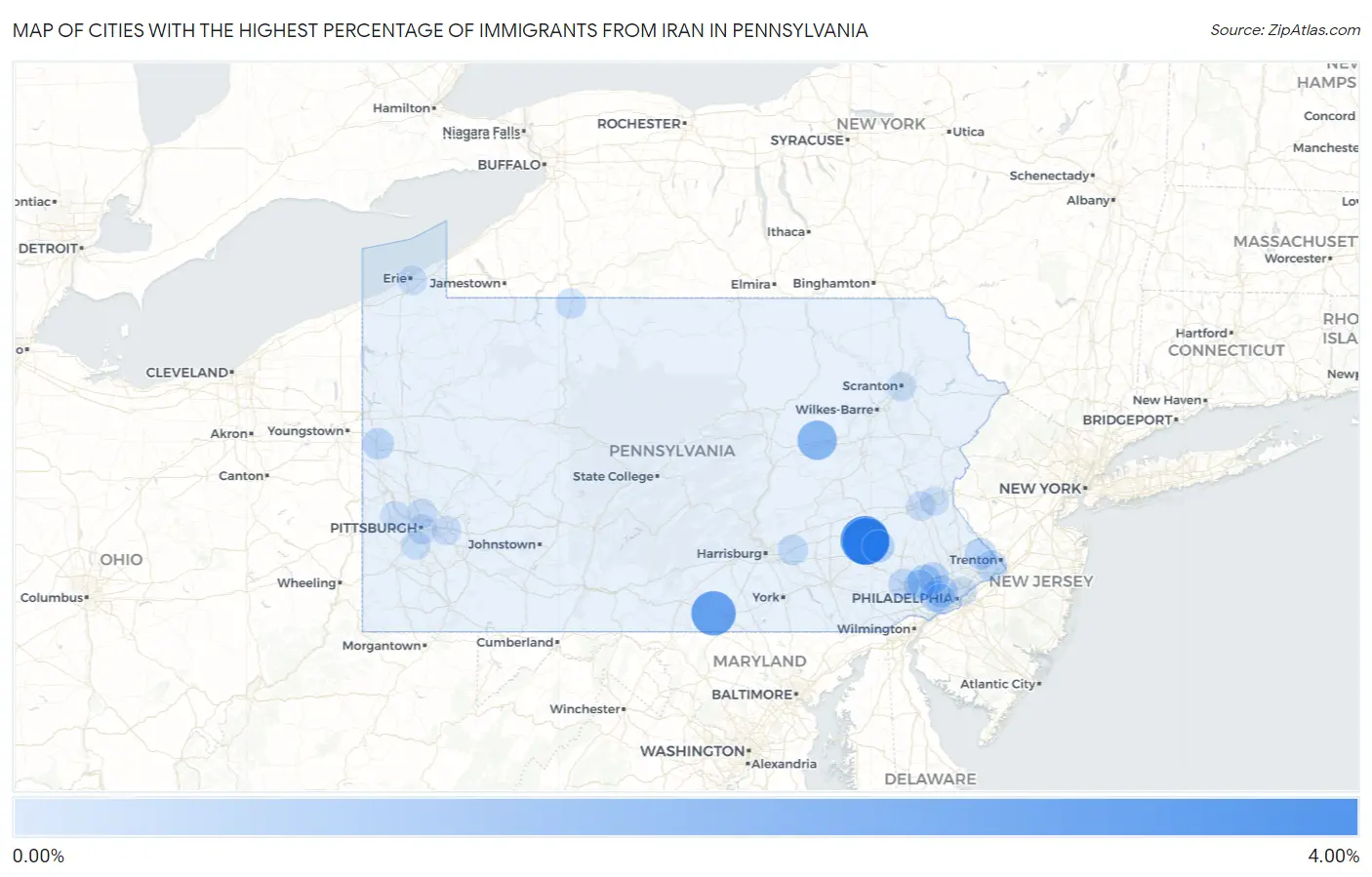 Cities with the Highest Percentage of Immigrants from Iran in Pennsylvania Map