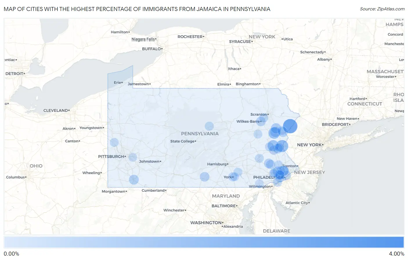Cities with the Highest Percentage of Immigrants from Jamaica in Pennsylvania Map