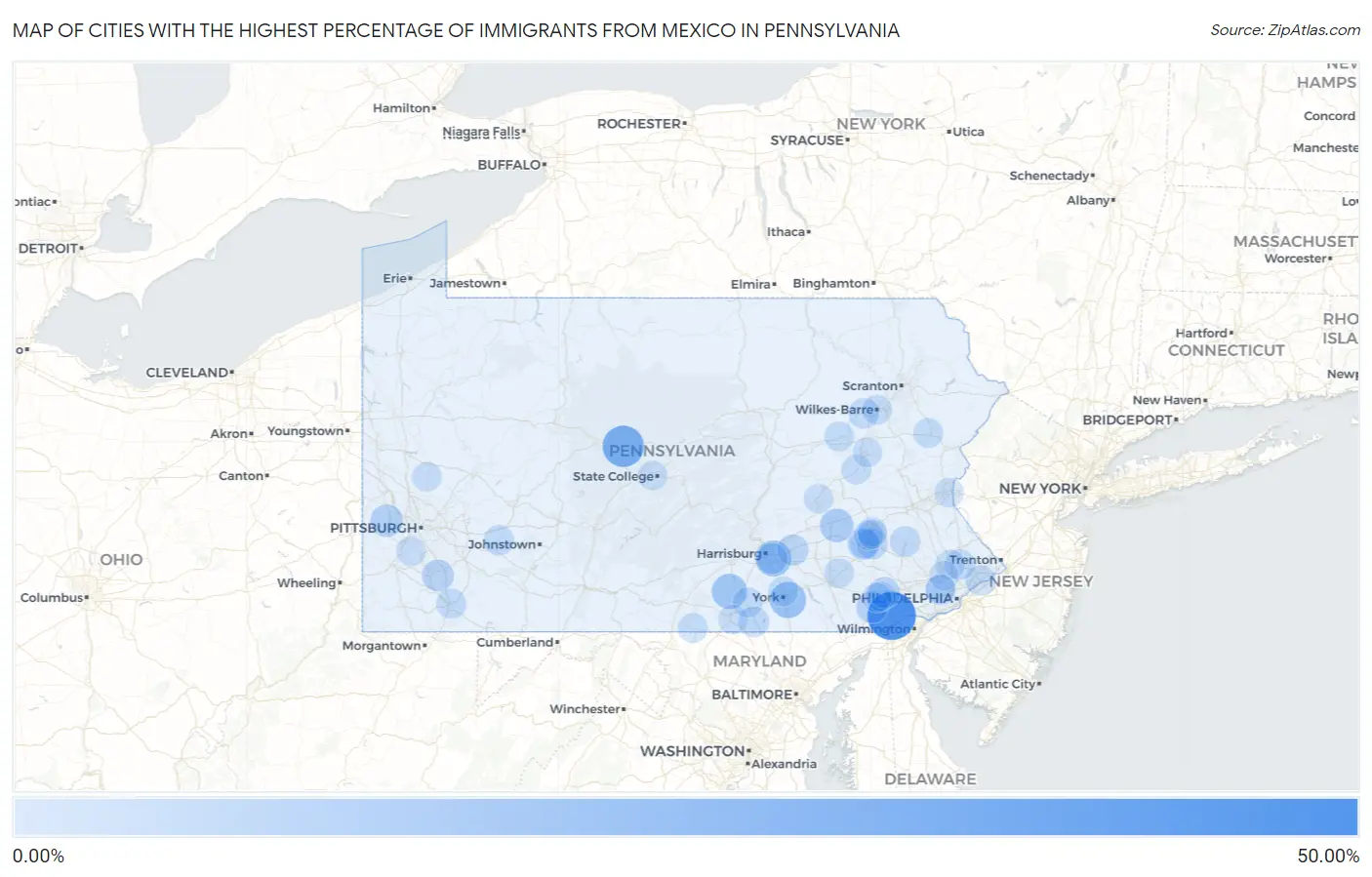 Cities with the Highest Percentage of Immigrants from Mexico in Pennsylvania Map
