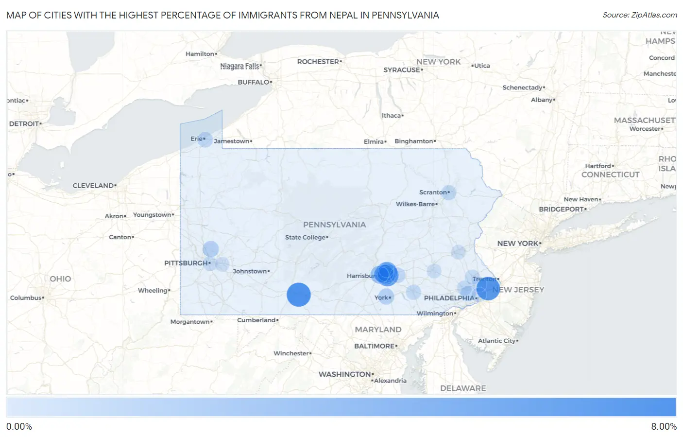Cities with the Highest Percentage of Immigrants from Nepal in Pennsylvania Map
