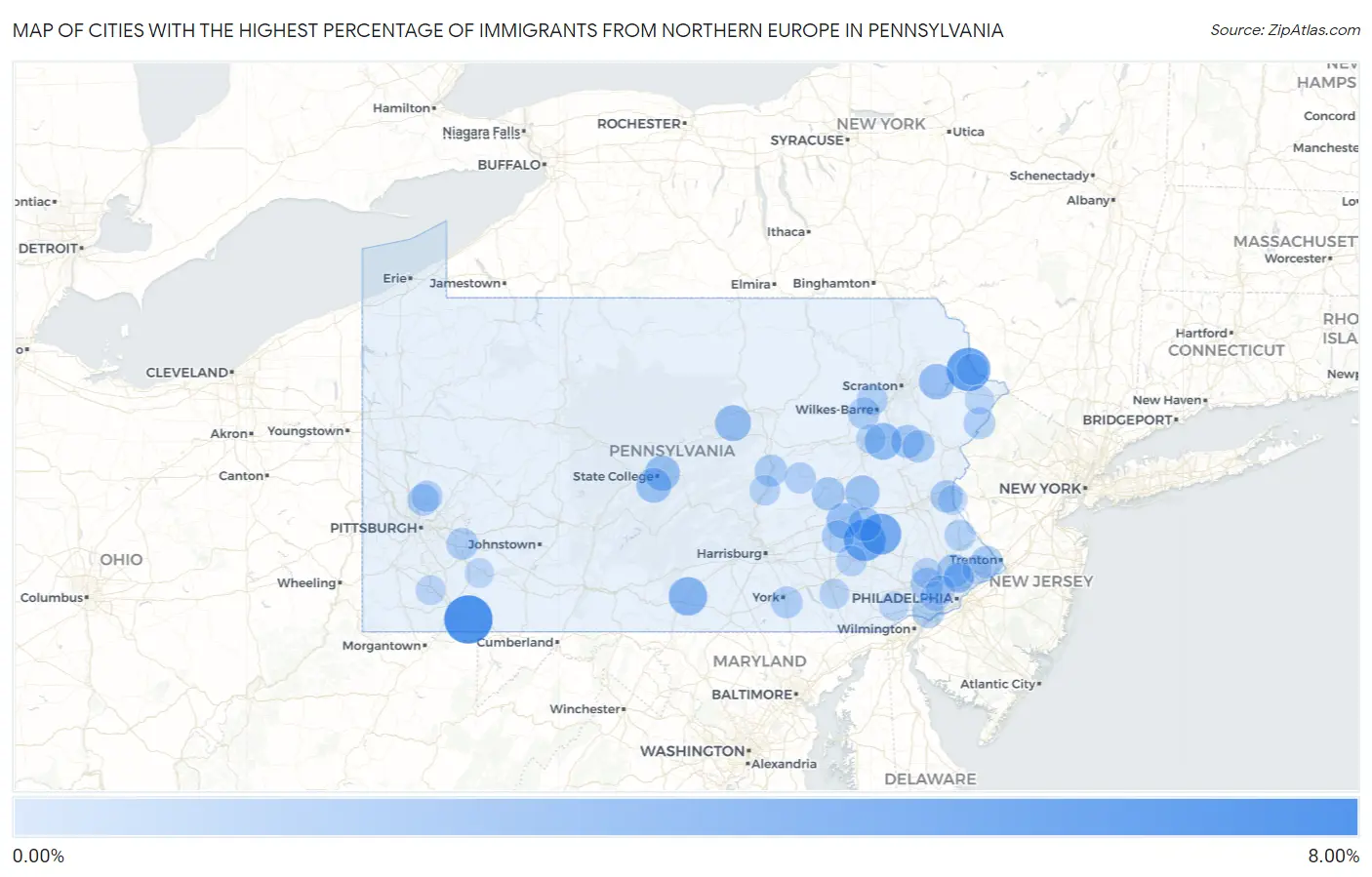 Cities with the Highest Percentage of Immigrants from Northern Europe in Pennsylvania Map