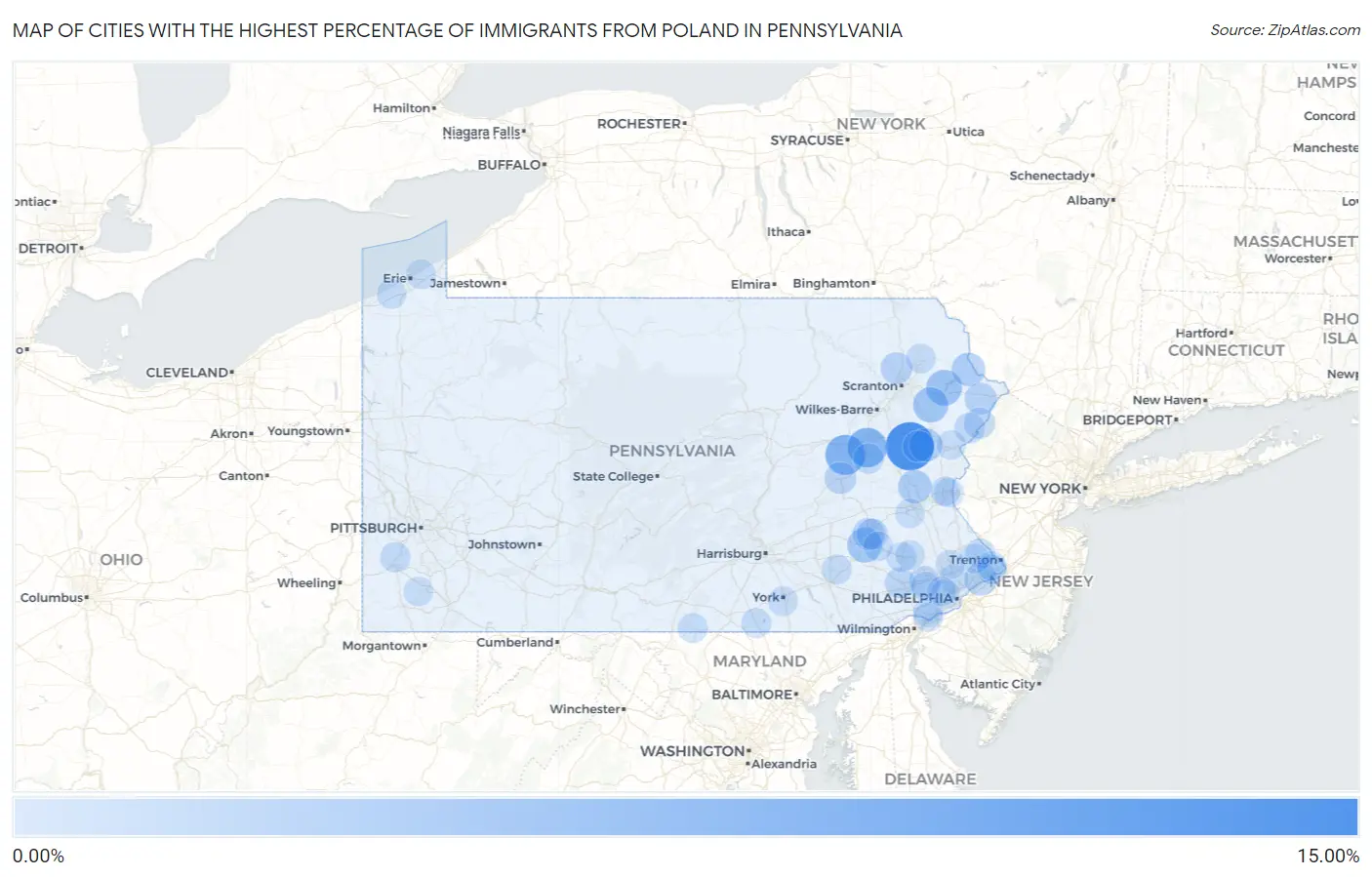 Cities with the Highest Percentage of Immigrants from Poland in Pennsylvania Map
